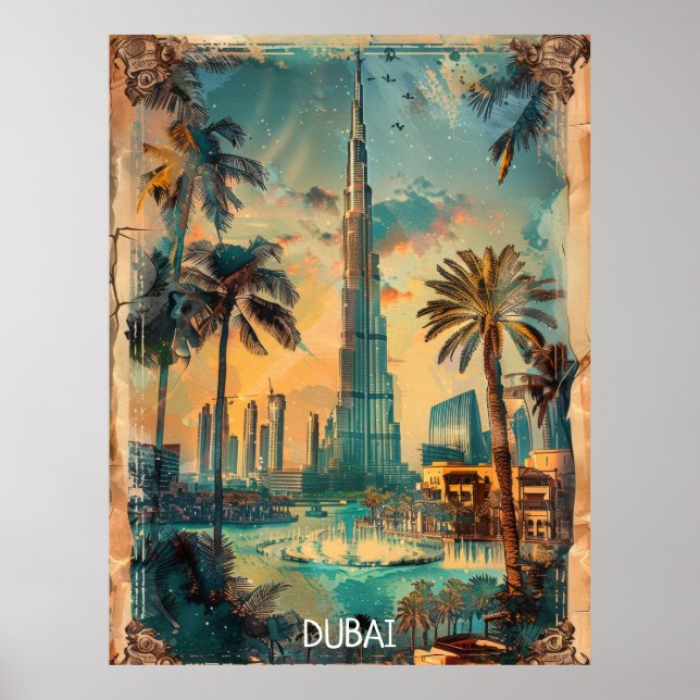 Vintage Dubai Burj Khalifa Panorama  Poster (Framsidan)