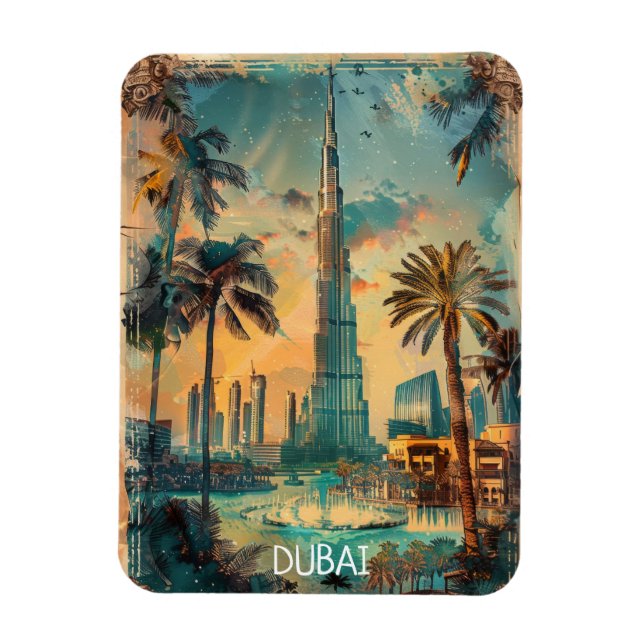 Vintage Dubai Burj Khalifa Panorama Utsikt  Magnet (Vertikal)