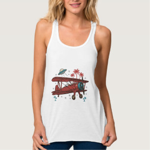 Vintage dubbelplan UFO Tropisk Resa T-Shirt Design Linne Med Racerback