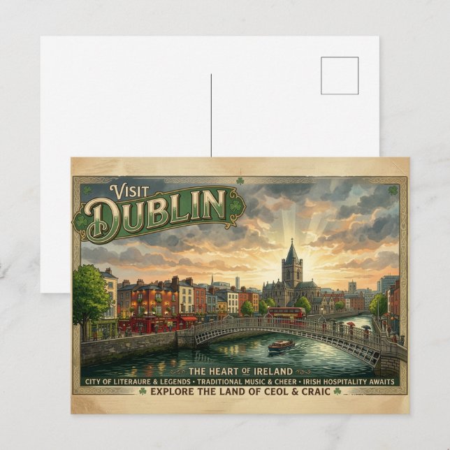 Vintage Dublin-resemalj Vykort (Fram/baksida)