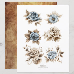 Vintage Dusty Blue Blommigt Ephemera Fussy Cuts