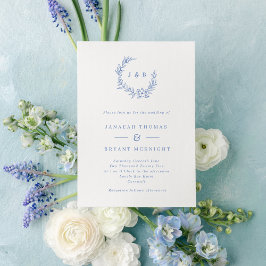 Vintage Dusty Blue Blommigt Utandning Monogram Brö Inbjudningar