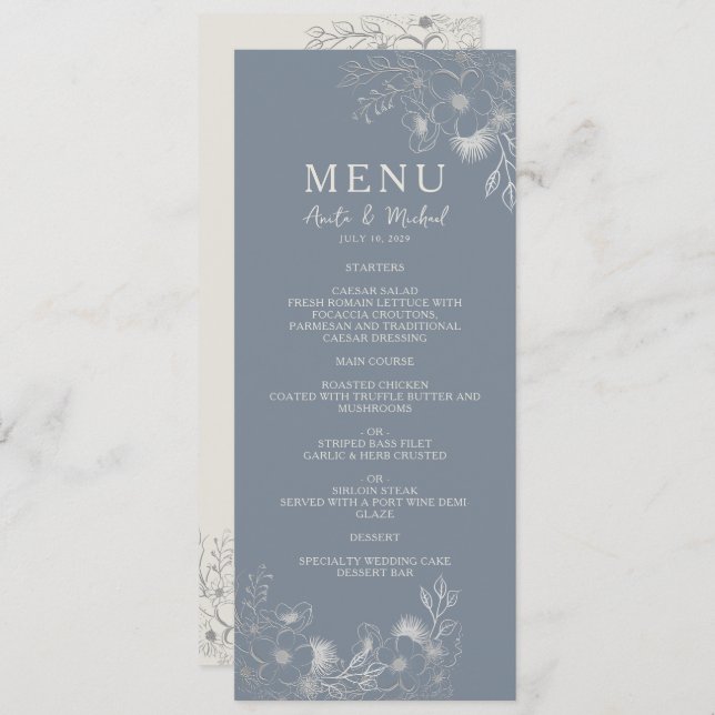 Vintage Dusty Blue Bröllop Menu Meny (Fram/baksida)