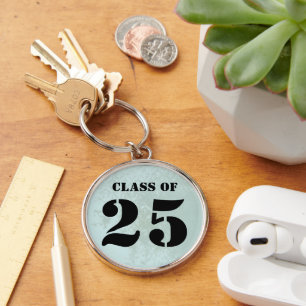 Vintage Dusty Blue Damask Class of 2024 Rund Silverfärgad Nyckelring