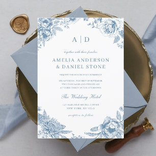 Vintage Dusty Blue Garden Monogram Bröllop Inbjudningar