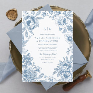 Vintage Dusty Blue Garden Monogram Bröllop Inbjudningar