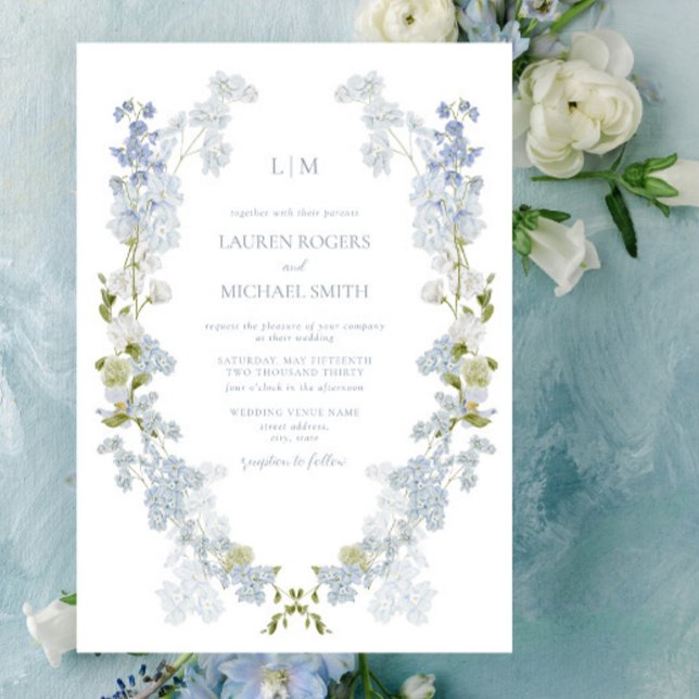 Vintage Dusty Blue Garden Monogram Bröllop Inbjudningar (Unveil love with our Vintage Invitation. #ElegantWeddings)