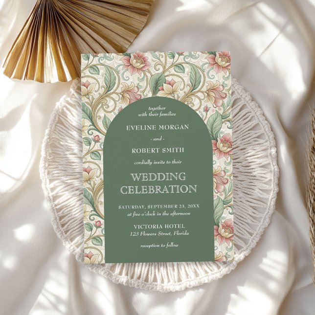 Vintage Dusty grönt Bröllop Art nouveau Mucha Inbjudningar (Vintage Dusty green Wedding Art Nouveau Mucha Invitation)