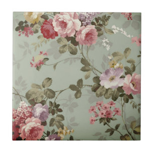 Vintage Dusty Oliv grönt Blommigt Design Kakelplatta