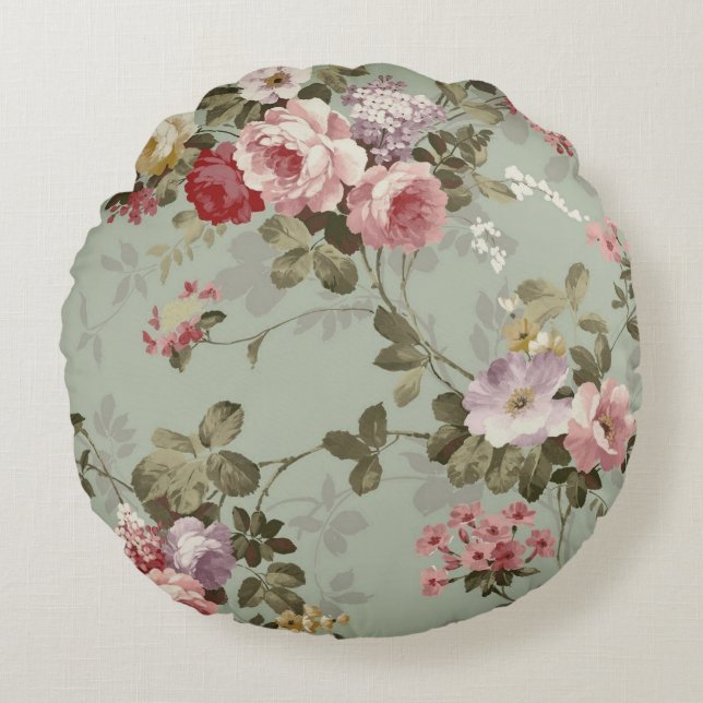 Vintage Dusty Oliv grönt Blommigt Design Rund Kudde (Framsidan)