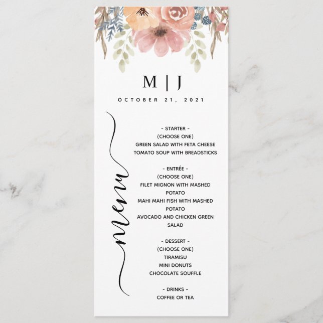 Vintage Dusty Ro Peach Blommigt Bröllop Meny (Framsida)