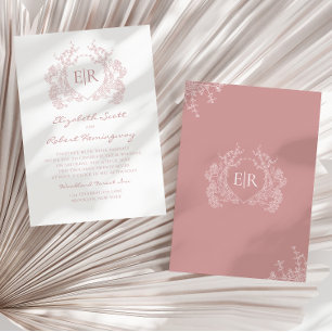 Vintage Dusty Rosa Blommigt Vapensköld Monogram Br Inbjudningar