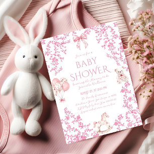 Vintage Dusty Rosa Bow Blommigt Toile Baby Shower Inbjudningar