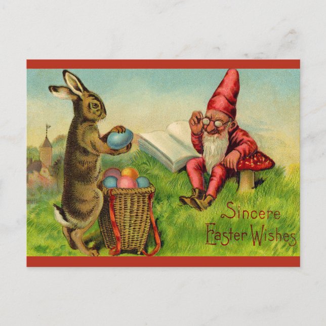 Vintage Easter Bunny and Gnome Vykort (Framsida)