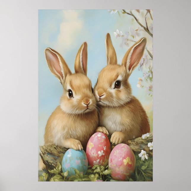Vintage Easter Bunny Print, Pastel Flower Poster (Framsidan)