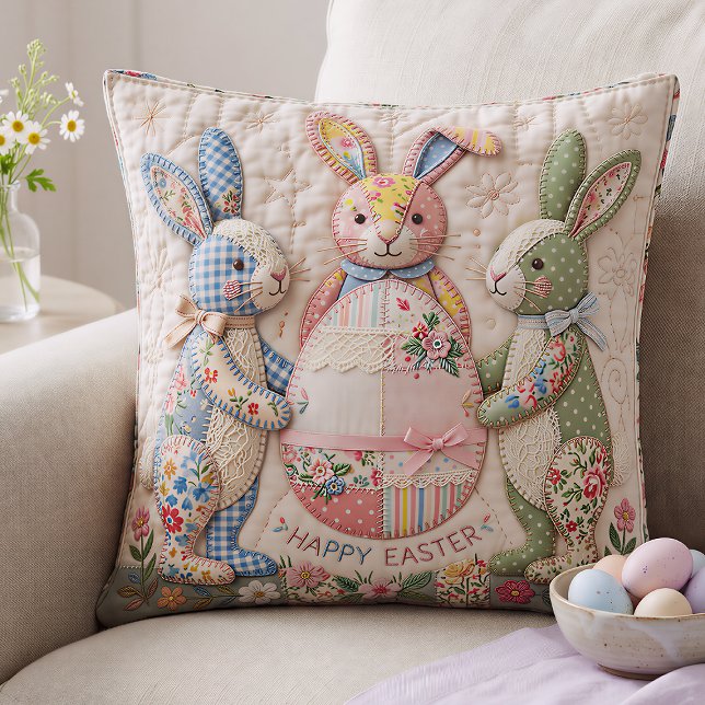 Vintage Easter Bunny Quilted Style Print Kudde (Skapare uppladdad)