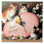 Vintage Easter Greetings Kakelplatta<br><div class="desc">Vintage Easter Greetings:  Chick hatching from egg with a trio of adorable kittens looking on.</div>