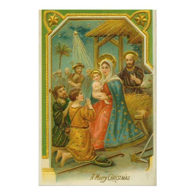 Vintage Edwardian Era Nativity Christmas Card Fototryck (Framsidan)