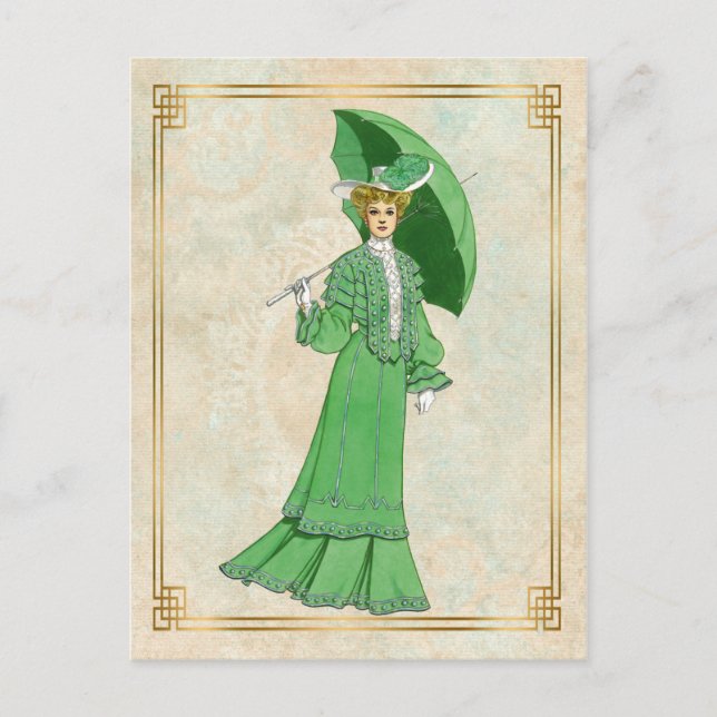 Vintage Edwardian Grönt Dress och Umbrella Vykort (Framsida)