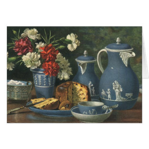 Vintage eftermiddagskaffe, tårta, te och blommor hälsningskort