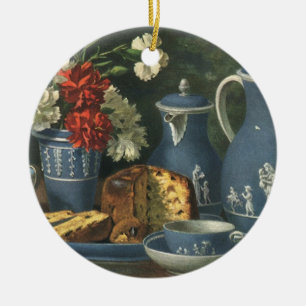 Vintage eftermiddagskaffe, tårta, te och blommor julgransprydnad keramik