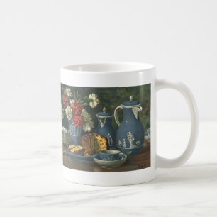 Vintage eftermiddagskaffe, tårta, te och blommor kaffemugg