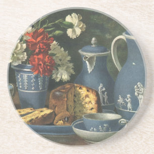 Vintage eftermiddagskaffe, tårta, te och blommor underlägg sandsten