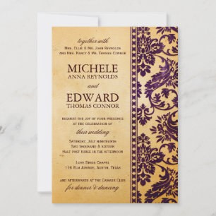 Vintage Eggplant Damask Snöre Bröllop Inbjudningar