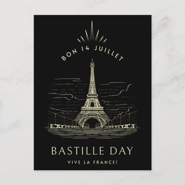 Vintage Eiffel Torn Bastille-dagen Vykort (Framsida)