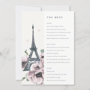 Vintage Eiffel Torn Blommigt Bröllop-menykort Tack Kort