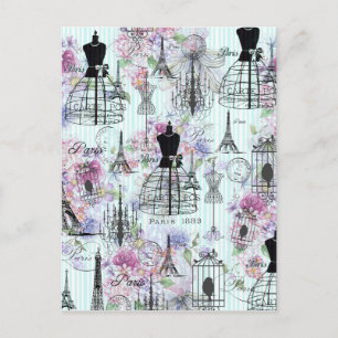 Vintage Eiffel Torn mannequin blommigt collage Vykort