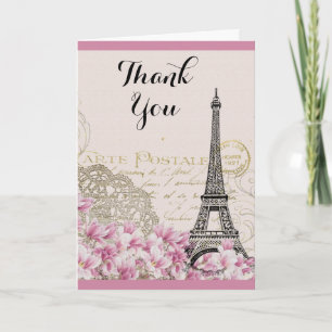 Vintage Eiffel Torn med Rosa blommor Tack Kort