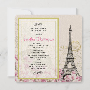 Vintage Eiffel Torn med Rosa Flowers Möhippa Tea Inbjudningar