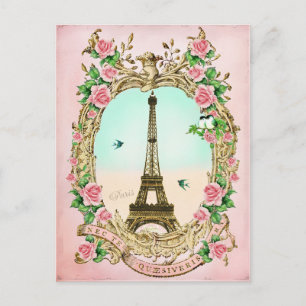 Vintage Eiffel torn med Rosa ros Vykort