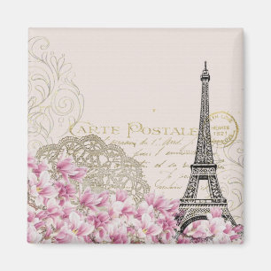 Vintage Eiffel Torn med Rosa WildFlowers Magnet