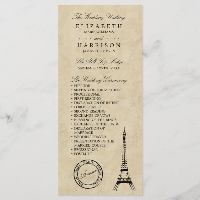 Vintage Eiffel Torn Paris Bröllop Program (Framsida)