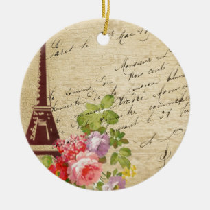 Vintage Eiffel Torn Paris & Flowers Julgransprydnad Keramik