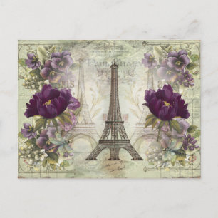 Vintage Eiffel Torn Paris Frankrike med blommor Vykort