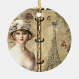 Vintage Eiffel Torn Paris & Fransk Girl Julgransprydnad Keramik