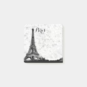 Vintage Eiffel Torn Paris Karta Black and White Post-it Block