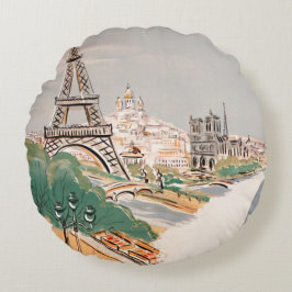 Vintage Eiffel Torn Paris Luft Travel Advertising Rund Kudde