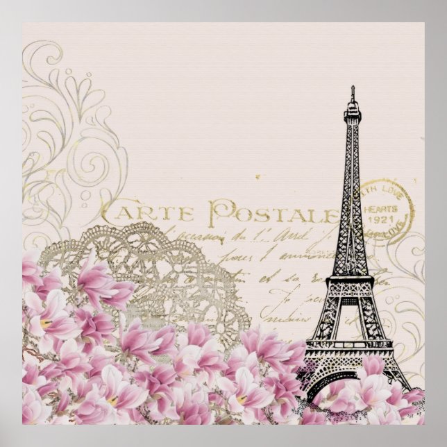 Vintage Eiffeltornet Paris Frankrike Romantik Ros Poster (Framsidan)