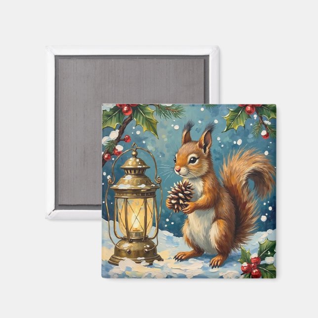 Vintage-ekorre med jullykta Vinter Magnet (Front/Back)