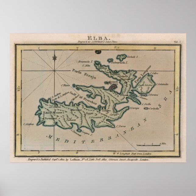 Vintage Elba Italien Karta (1800) Poster (Framsidan)
