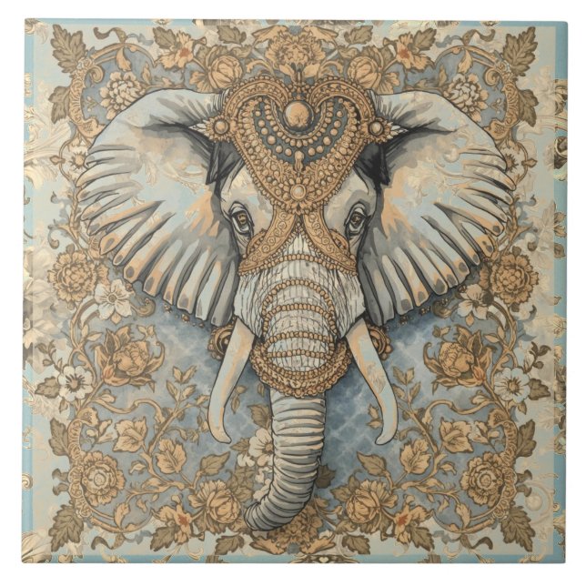 Vintage Elefant, Antik Elefant,Guld Mjuk Blå Kakelplatta (Framsidan)