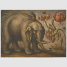 Vintage Elefant och Apa Botanisk Oljemålning
