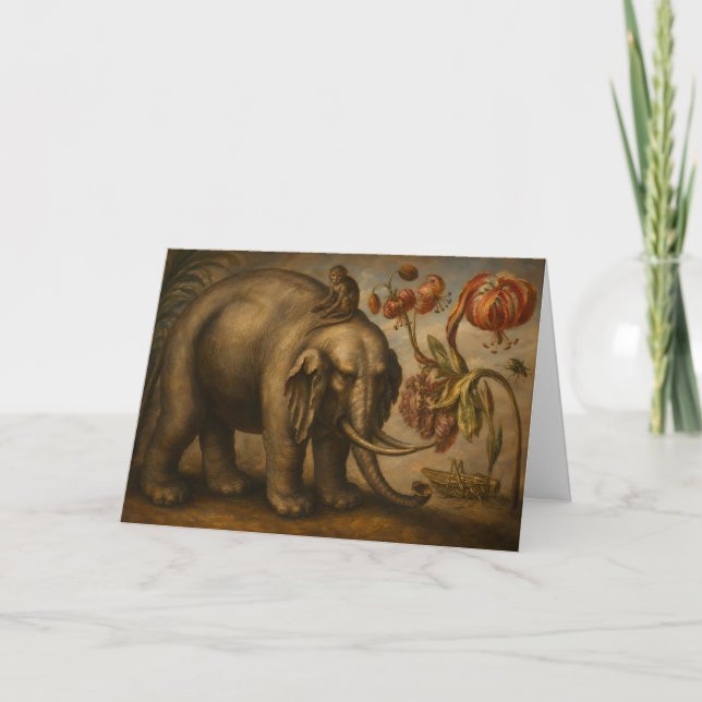 Vintage Elefant och Apa Botanisk Oljemålning Kort (Framsida)
