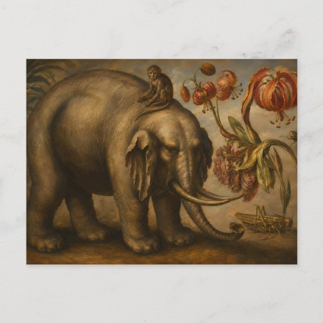 Vintage Elefant och Apa Botanisk Oljemålning Vykort (Framsida)