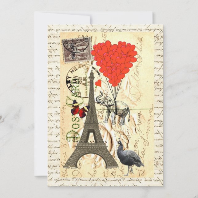 Vintage elefant och röda hjärtballonger (Framsida)