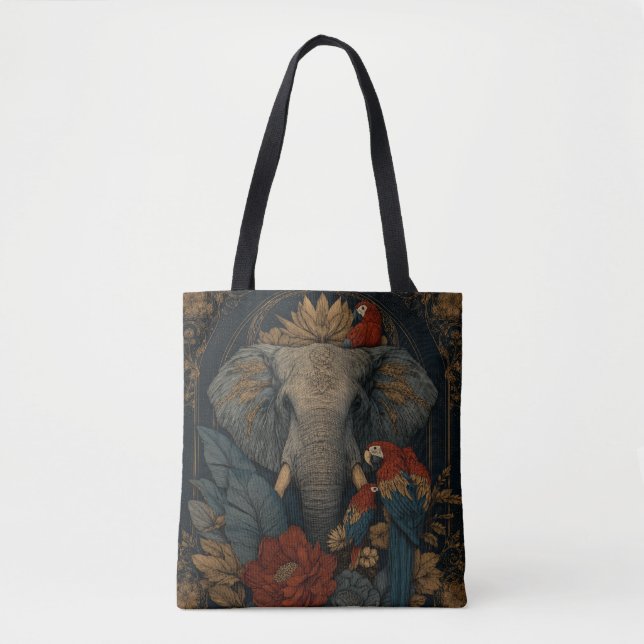 Vintage Elefant & Papegoja Botanisk Handväsk | Exo Tygkasse (Framsida)